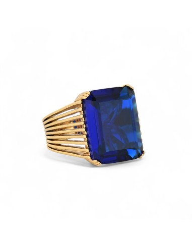 Bague rectangle bleue en acier 304L doré