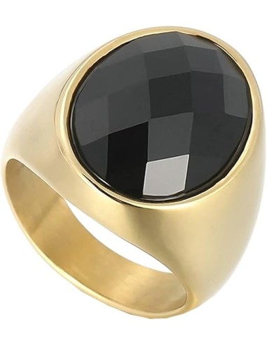 Chevalière zircone noir et acier doré 304