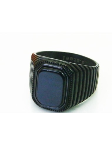Chevalière zircone noir et acier