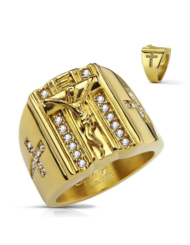 Bague chevalière Jésus en acier doré modèle Brascoe